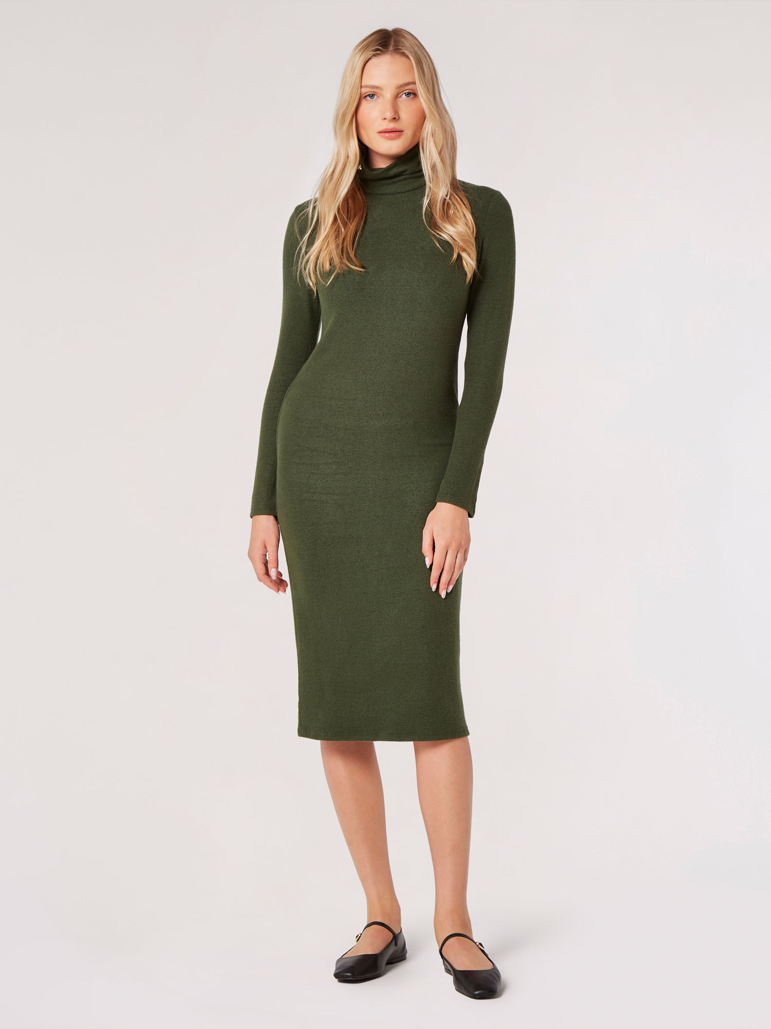 Roll Neck Knit Midi Dress Apricot Clothing