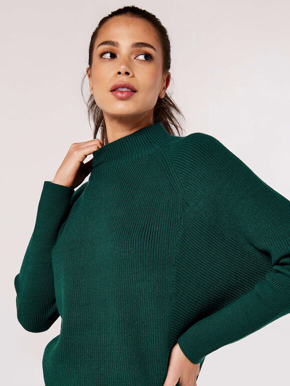 Ribbed Panel Mock Neck Jumper, Green, large