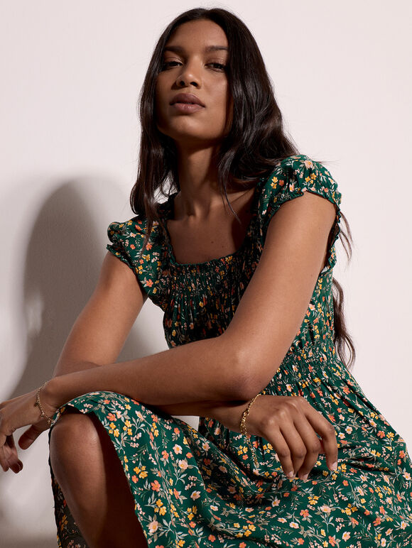 Garden Floral Milkmaid Midi Dress, Green, large
