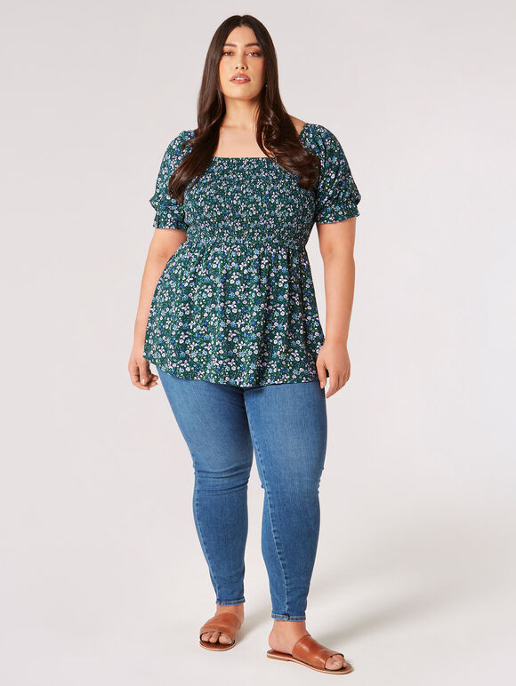 Curve Daisy Floral Milkmaid Top, Grün, groß