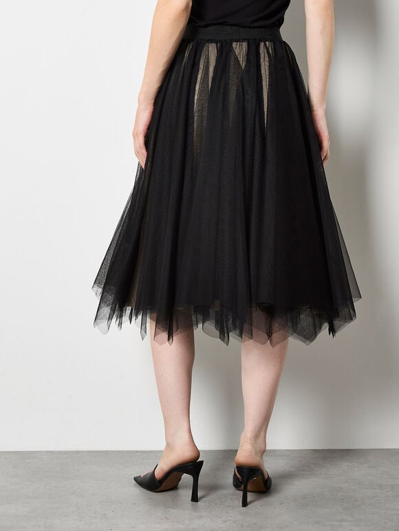 Reversible Tulle Stripe Knit Midi Skirt, Black, large