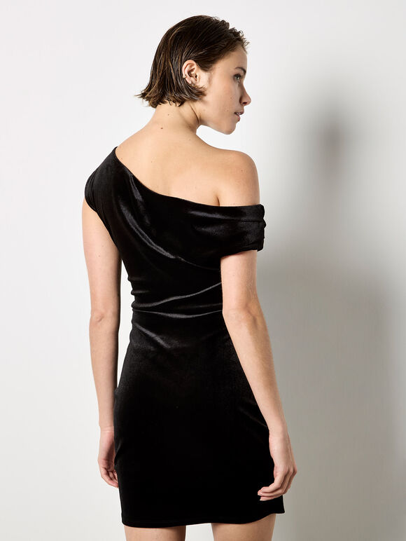 One-Shoulder Velvet Bodycon Mini Dress, Black, large