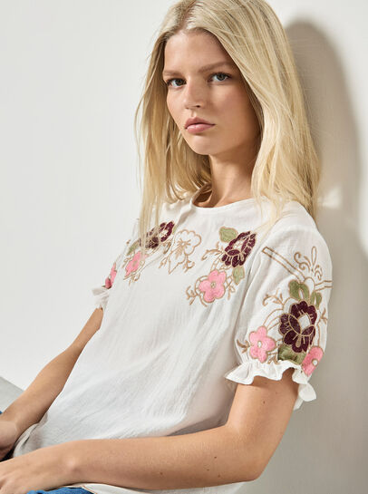 Floral Embroidered Ruffle Sleeve Cotton Top
