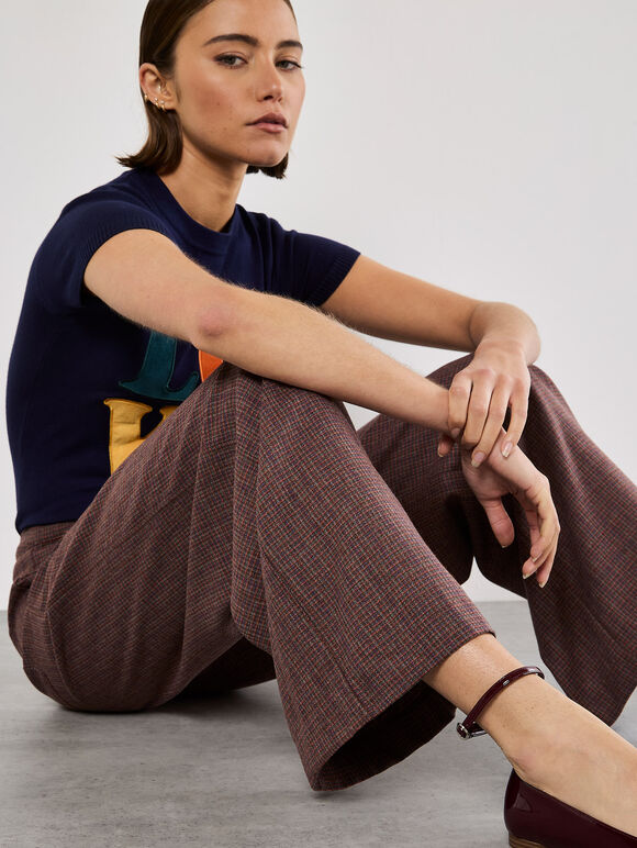 Mini Check Wide Leg Trousers, Burgundy, large