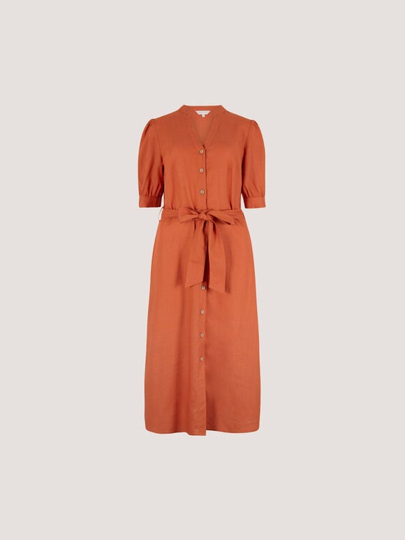 Button Down Linen Blend Midi Dress, Orange, large