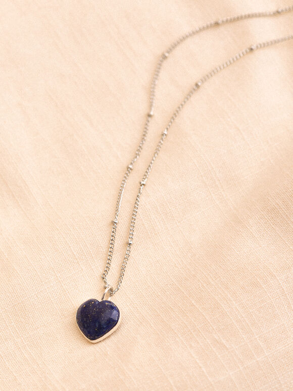 Silver Tone Heart Pendant Necklace, Blue, large