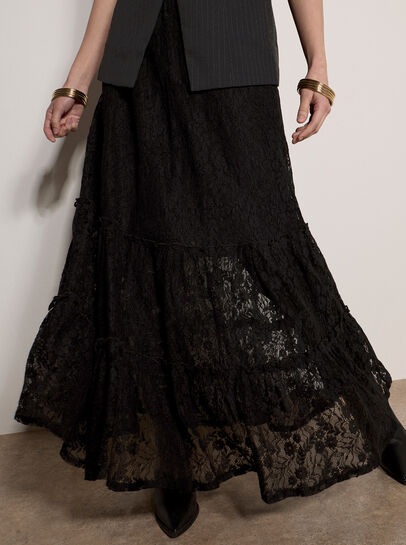 Cotton-Blend Lace Tiered Midi Skirt