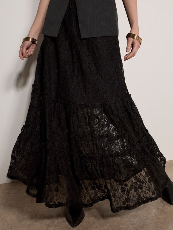 Cotton-Blend Lace Tiered Midi Skirt, Black, large