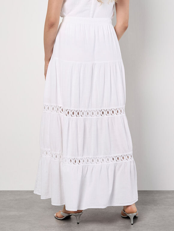 Tiered Crochet Insert Maxi Skirt, White, large