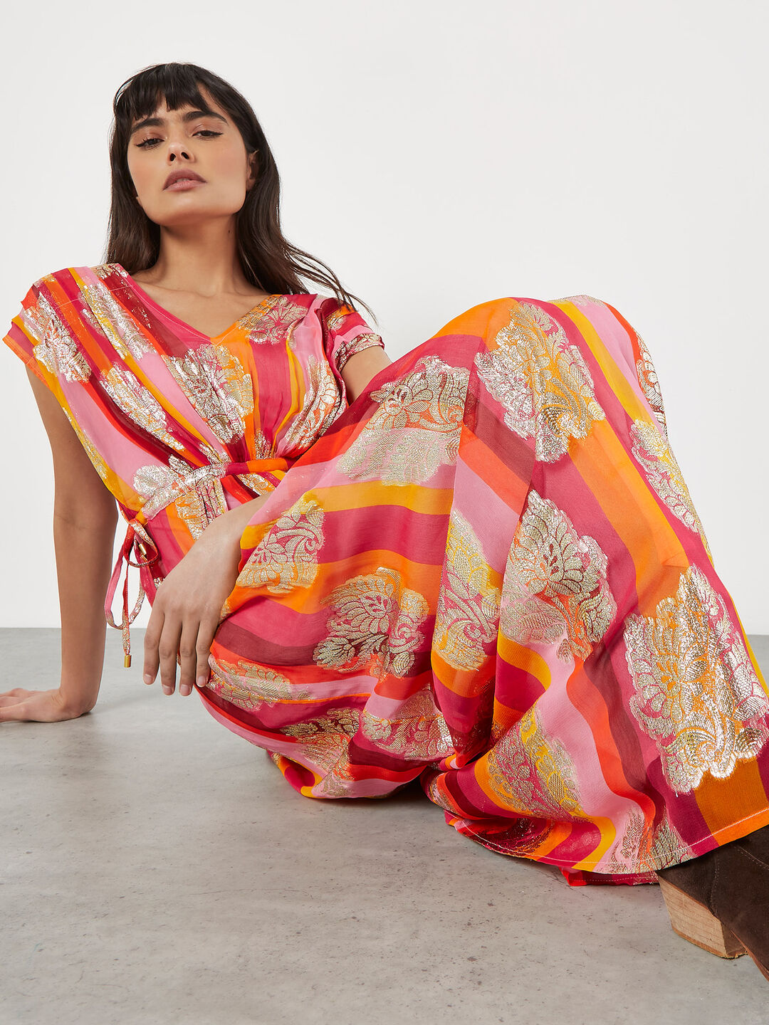 Metallic Leaf Stripe Kimono Maxi Dress