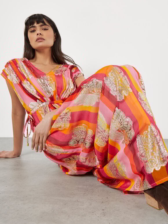 Metallic Leaf Stripe Kimono Maxi Dress, Pink, large