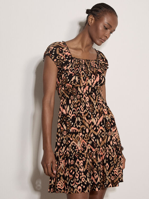 Colourful Ikat Milkmaid Mini Dress, Peach, large