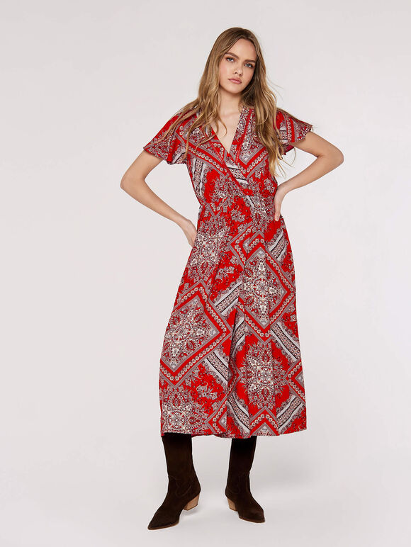 Scarf Print Midaxi Dress, Red, large