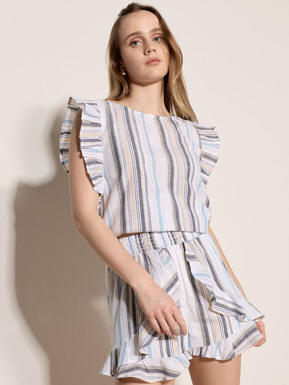 Shimmer Stripe Ruffle Mini Shorts
, White, large