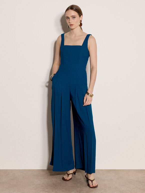 Crepe Wide-Leg Jumpsuit, Blue, large