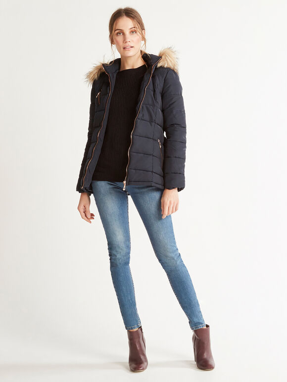 Removable Faux Fur Hood Puffer Jacket, Navy, large
