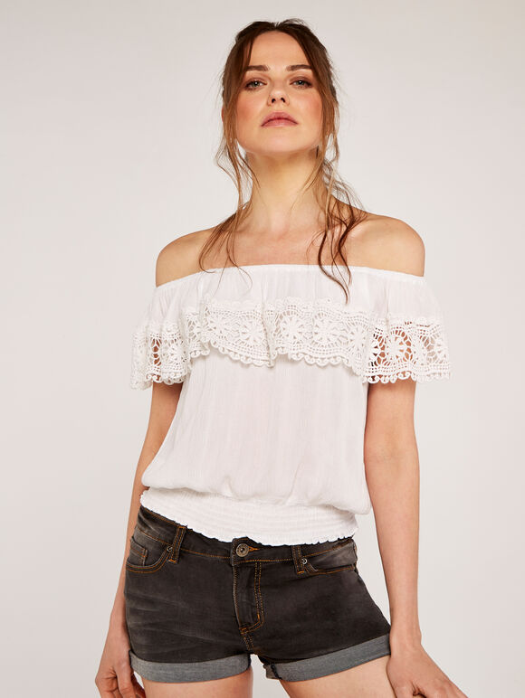 Off Shoulder Broderie Shirred Top, Cream, large