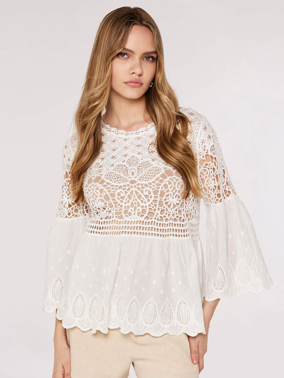 Crochet Lace Cotton Top, White, large