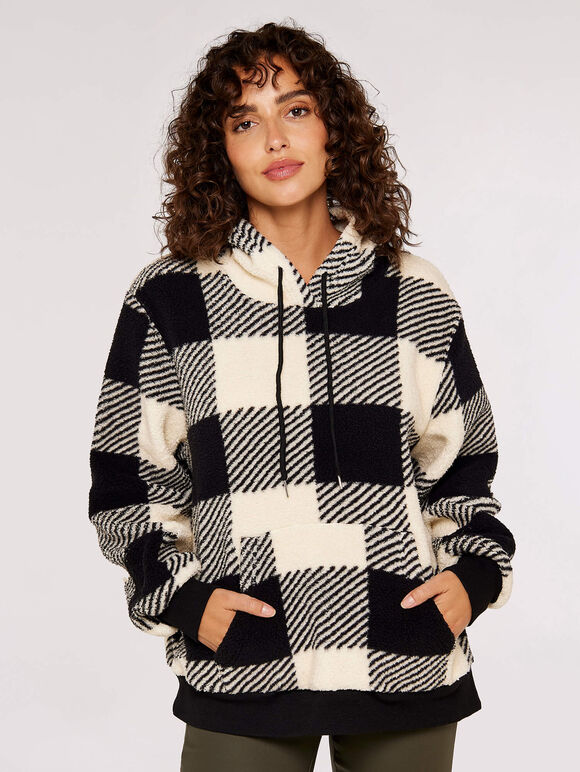 Gingham Check Fleece Hoodie, Black, large