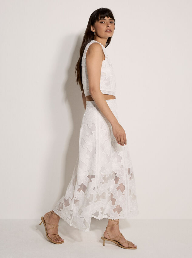 Floral Mesh Lace Midi Skirt, White, large