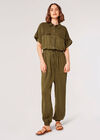 Drawstring Waist Utility Jumpsuit, Khaki, large