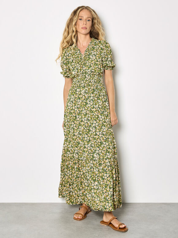 Ditsy Floral Tiered Maxi Dress, Green, large