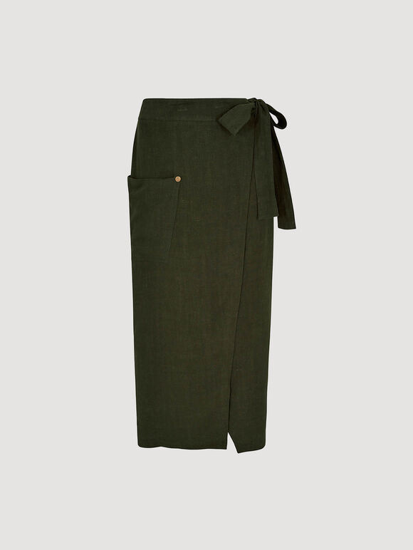 Linen Blend Wrap Midi Skirt, Green, large