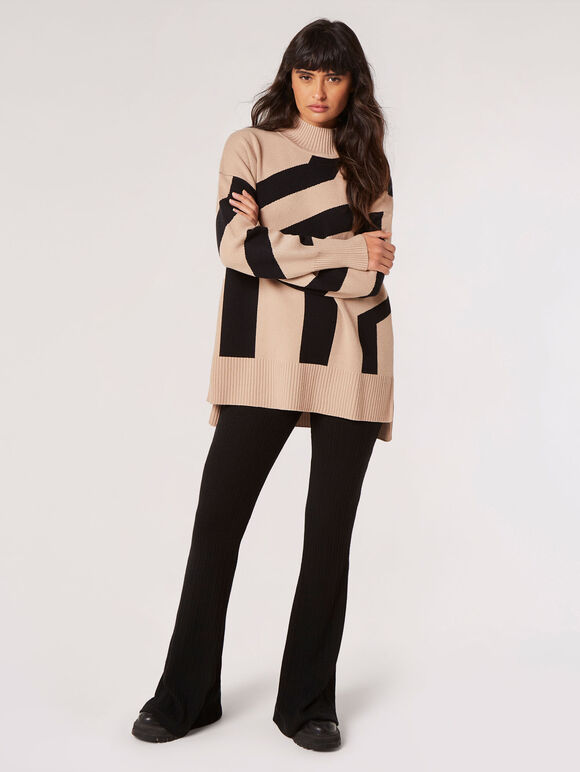 Oversized Geometric Stripe Jumper, Stone, large