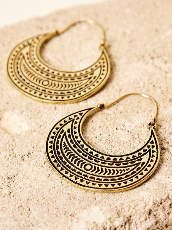 Gold Engraved Earrings, Yellow, large
