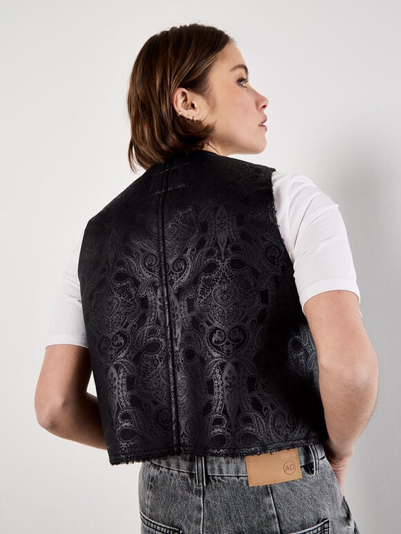 Embossed Paisley Borg-Lined Waistcoat, Black, large