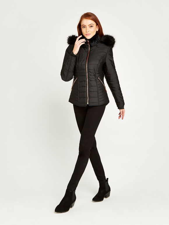 Fur Trim Puffer Jacket, Black, large