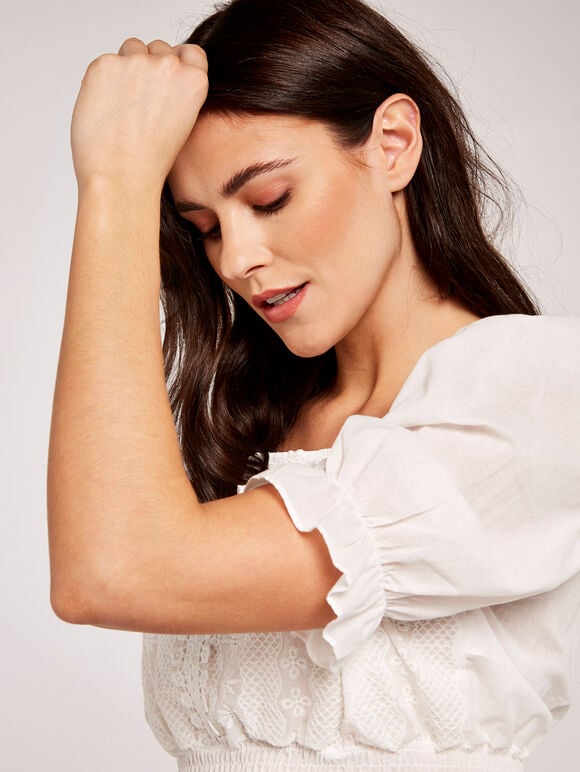 Embroidered Shirred Crop Top, White, large