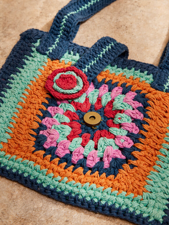 Cross Body Crochet Square Bag, Blue, large