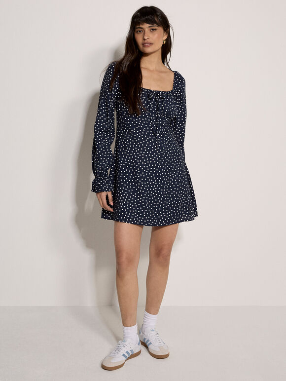 Polka Dot Milkmaid Mini Dress, Navy, large