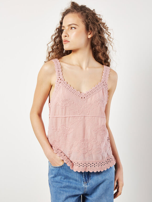 Floral Embroidery Crochet Cotton Top, Pink, large
