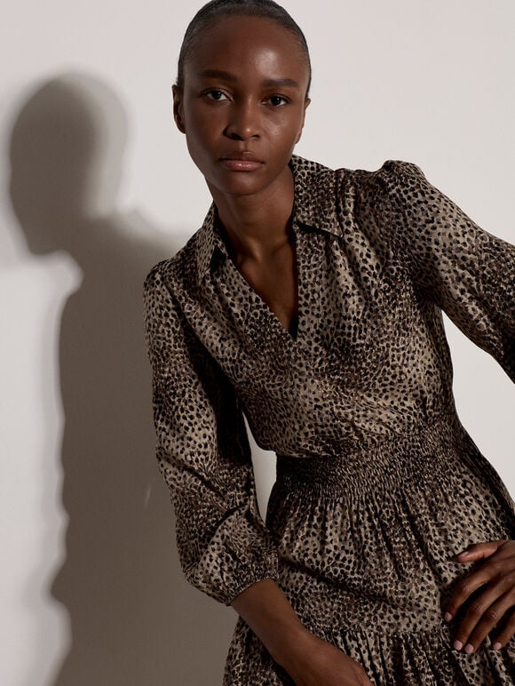 Blurred Spot Shirt Mini Dress, Mocha, large