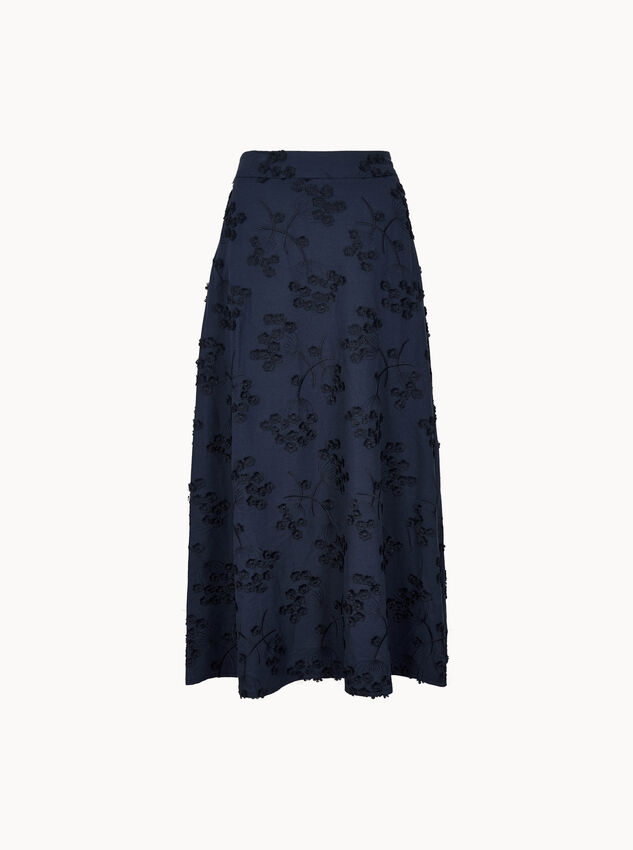 Embroidered Floral Linen Blend Midaxi Skirt, Navy, large