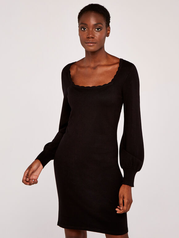 Scallop Neck Knit Dress, Black, large