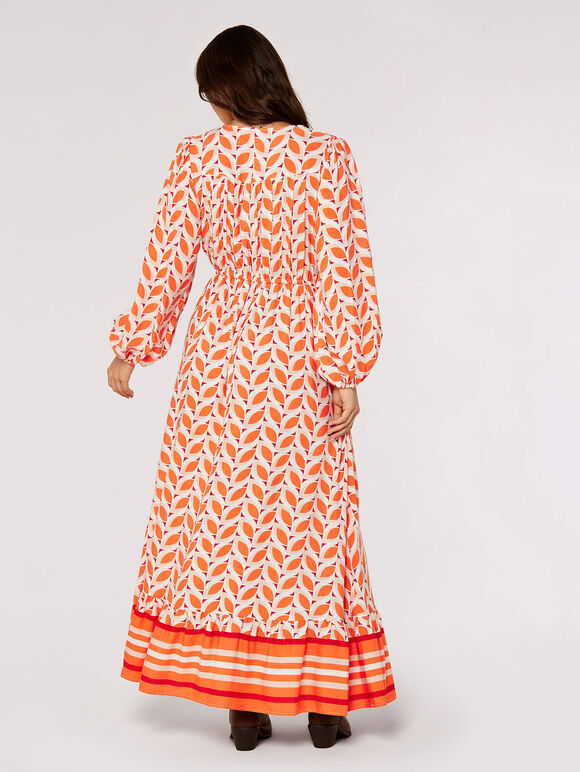 Geo Leaves Drawstring Maxi Dress, Orange, large
