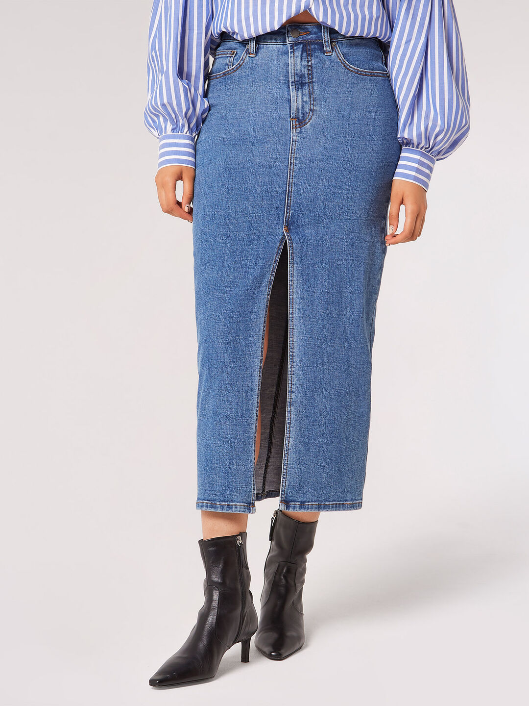 Split Hem Denim Midi Skirt