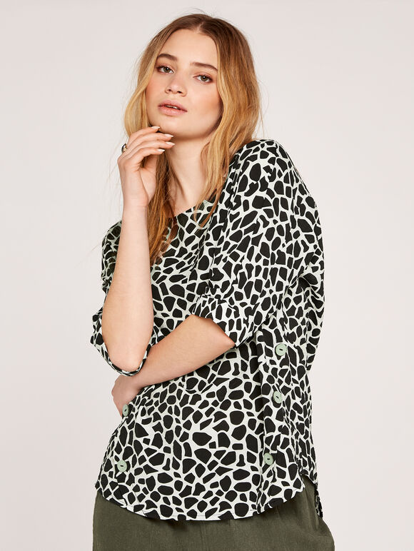Giraffe Print Button Detail Top, Black, large