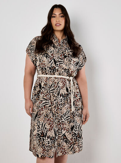 Mixed Animal Print Shirt Midi Dress