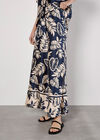 Tropical Leaf Print Satin Wide Leg Trousers, Navy, large