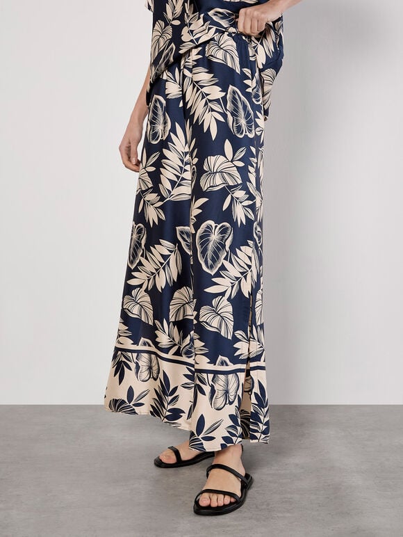 Tropical Leaf Print Satin Wide Leg Trousers, Navy, large