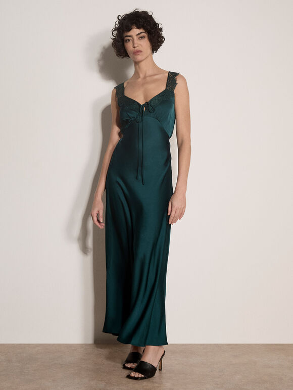 Satin Lace Maxi Dress, Green, large