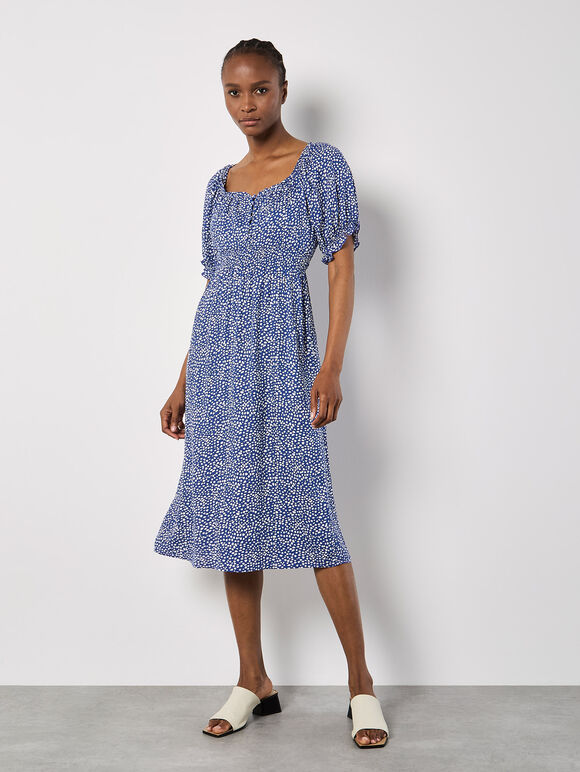 Spot Print Milkmaid Midi Dress, Blue, large