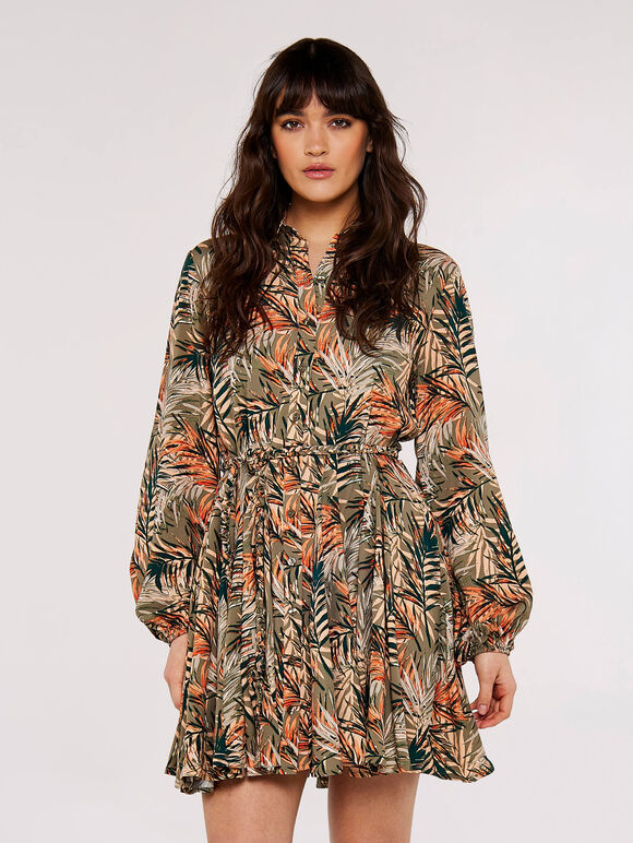 Tropical  Shirt Mini Dress, Khaki, large