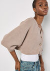 Ribbed Knit Cropped Cardigan, Brown, large