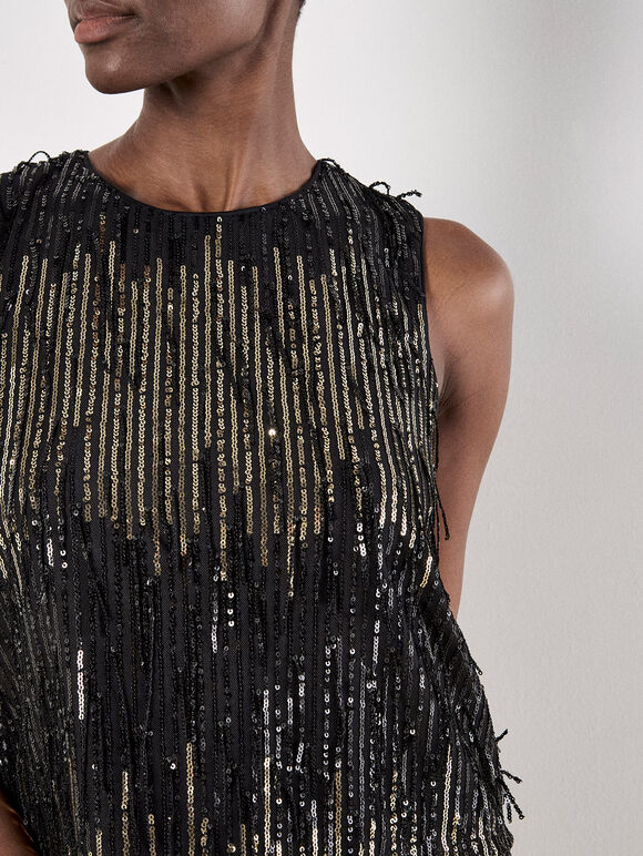 Sequin Fringe Top, Black, large