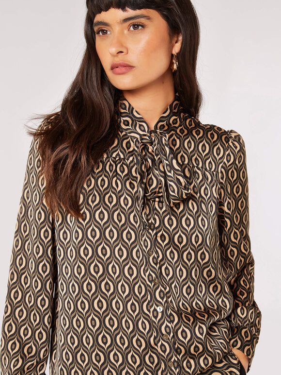 Geometric Tie Neck Satin Shirt, Khaki, large